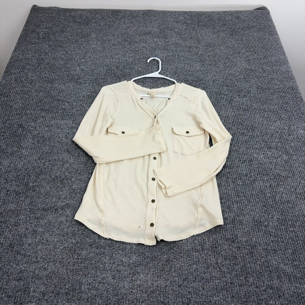 We The Free Cardigan Womens L Cream Cotton Button Down Thermal Raw Hem Boho